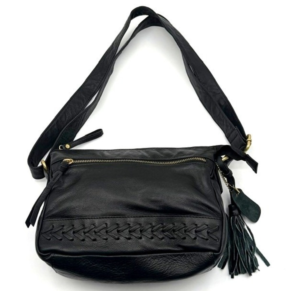 Great American Leather Works Black Leather Crossbody Bag Braided Tassel Boho